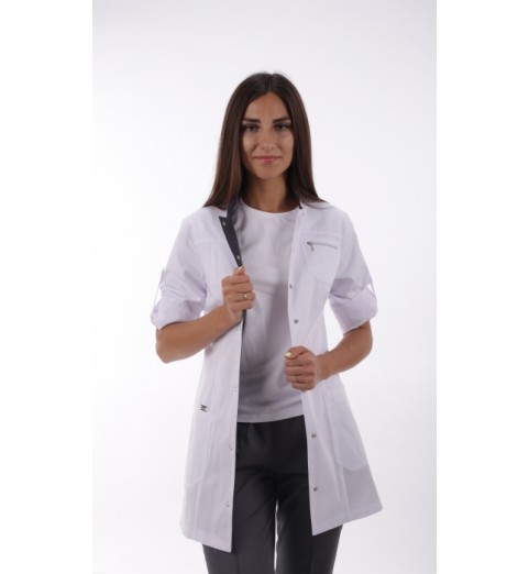 фото Жакет медицинский женский удлиненный  М161 (цвет белый, отделка темно-синяя)