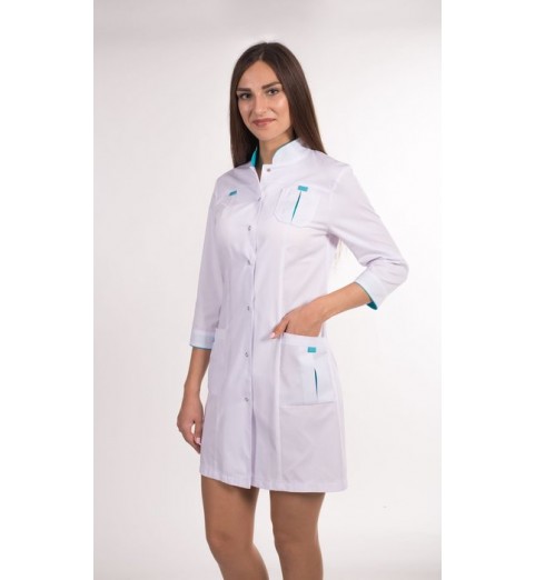 фото Халат медицинский женский М131 (цвет белый, отделка бирюзовая)